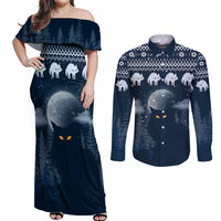 Yule Cat Christmas Couples Matching Off Shoulder Maxi Dress and Long Sleeve Button Shirt Jolakotturinn Snowy Night LT7 - Wonder Print Shop