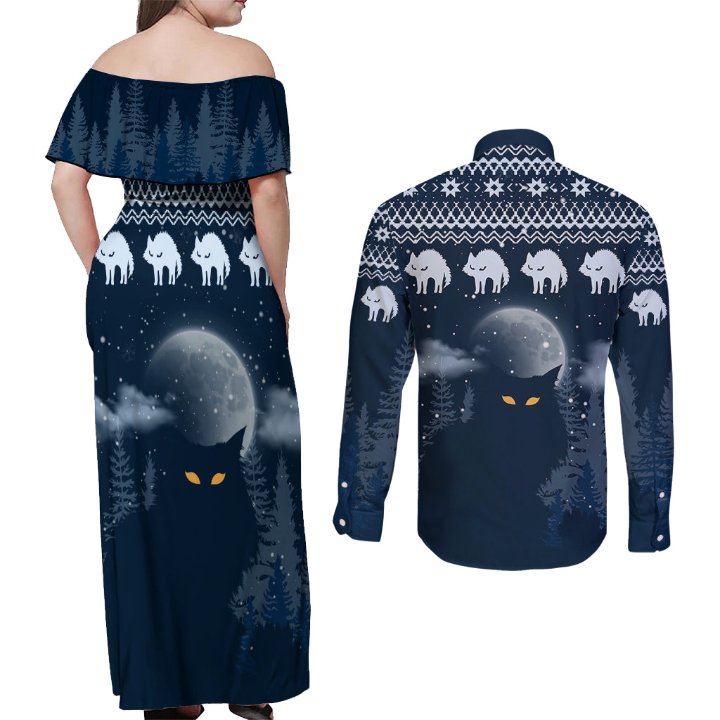 Yule Cat Christmas Couples Matching Off Shoulder Maxi Dress and Long Sleeve Button Shirt Jolakotturinn Snowy Night LT7 - Wonder Print Shop