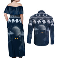 Yule Cat Christmas Couples Matching Off Shoulder Maxi Dress and Long Sleeve Button Shirt Jolakotturinn Snowy Night LT7 - Wonder Print Shop