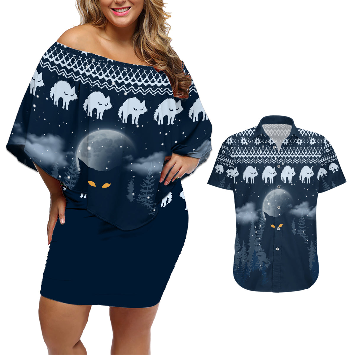 Yule Cat Christmas Couples Matching Off Shoulder Short Dress and Hawaiian Shirt Jolakotturinn Snowy Night LT7 - Wonder Print Shop