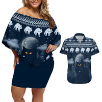 Yule Cat Christmas Couples Matching Off Shoulder Short Dress and Hawaiian Shirt Jolakotturinn Snowy Night LT7 - Wonder Print Shop