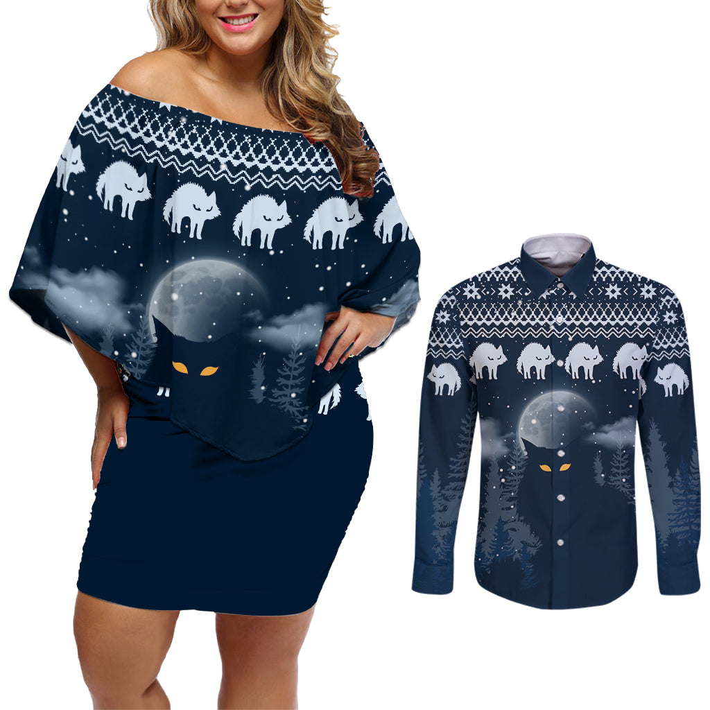 Yule Cat Christmas Couples Matching Off Shoulder Short Dress and Long Sleeve Button Shirt Jolakotturinn Snowy Night LT7 - Wonder Print Shop