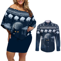Yule Cat Christmas Couples Matching Off Shoulder Short Dress and Long Sleeve Button Shirt Jolakotturinn Snowy Night LT7 - Wonder Print Shop