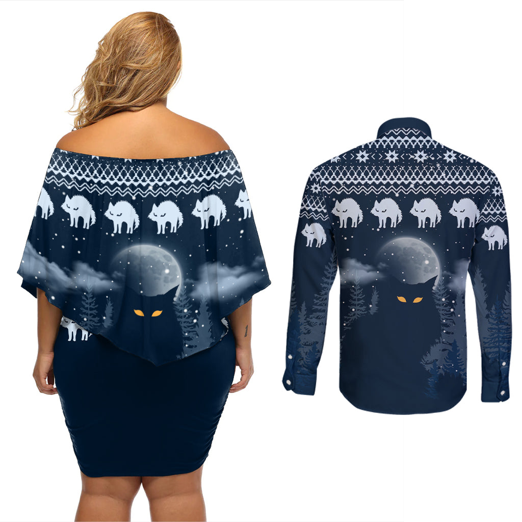 Yule Cat Christmas Couples Matching Off Shoulder Short Dress and Long Sleeve Button Shirt Jolakotturinn Snowy Night LT7 - Wonder Print Shop