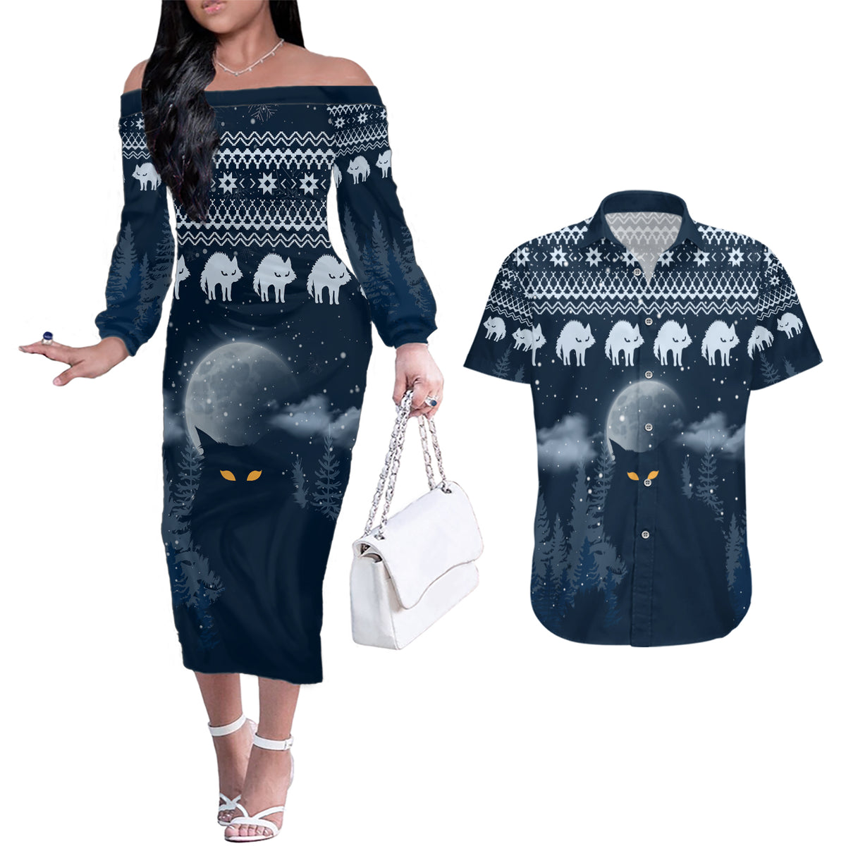 Yule Cat Christmas Couples Matching Off The Shoulder Long Sleeve Dress and Hawaiian Shirt Jolakotturinn Snowy Night LT7 - Wonder Print Shop
