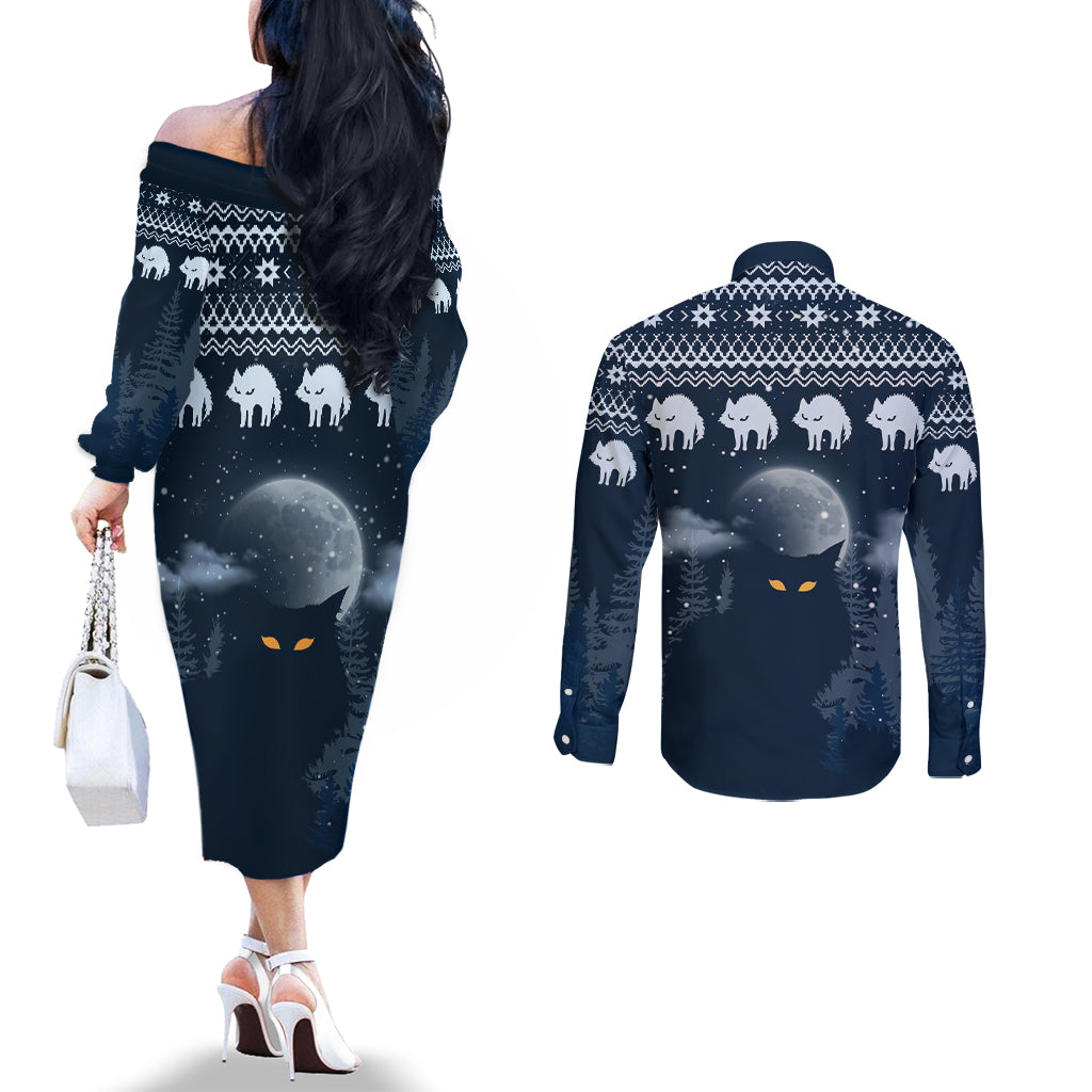 yule-cat-christmas-couples-matching-off-the-shoulder-long-sleeve-dress-and-long-sleeve-button-shirt-jolakotturinn-snowy-night