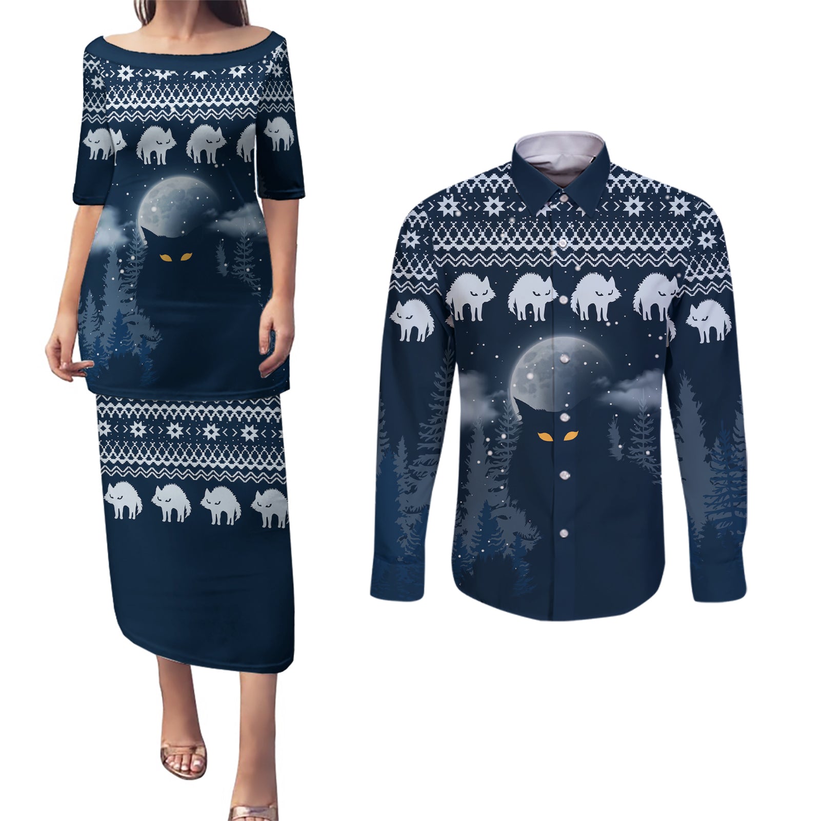 Yule Cat Christmas Couples Matching Puletasi Dress and Long Sleeve Button Shirt Jolakotturinn Snowy Night LT7 - Wonder Print Shop