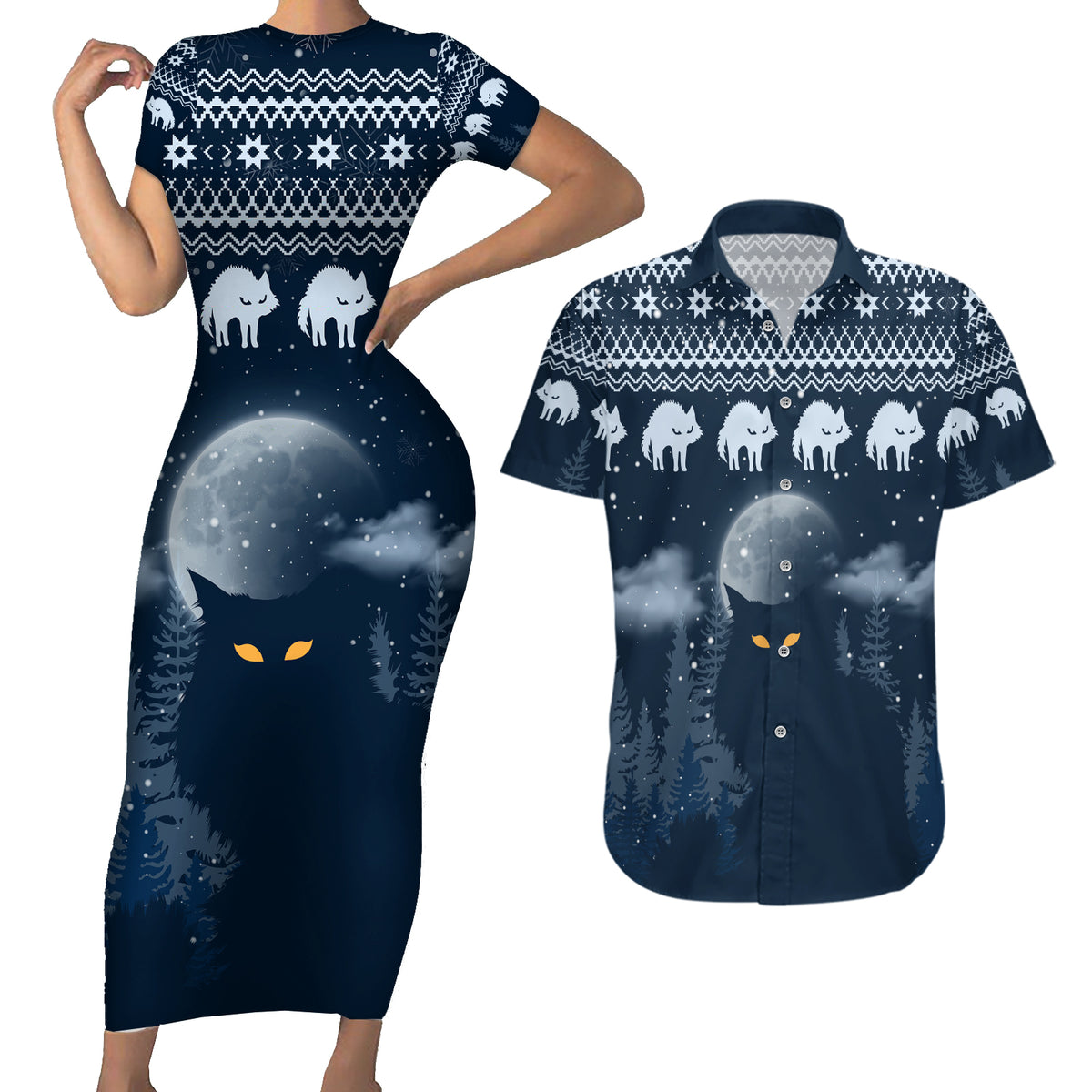 Yule Cat Christmas Couples Matching Short Sleeve Bodycon Dress and Hawaiian Shirt Jolakotturinn Snowy Night LT7 - Wonder Print Shop