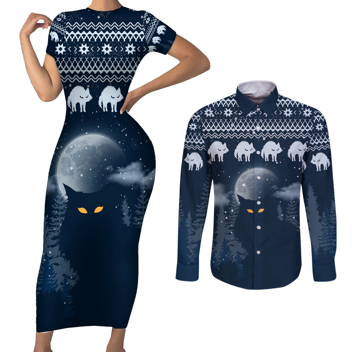 Yule Cat Christmas Couples Matching Short Sleeve Bodycon Dress and Long Sleeve Button Shirt Jolakotturinn Snowy Night LT7 - Wonder Print Shop