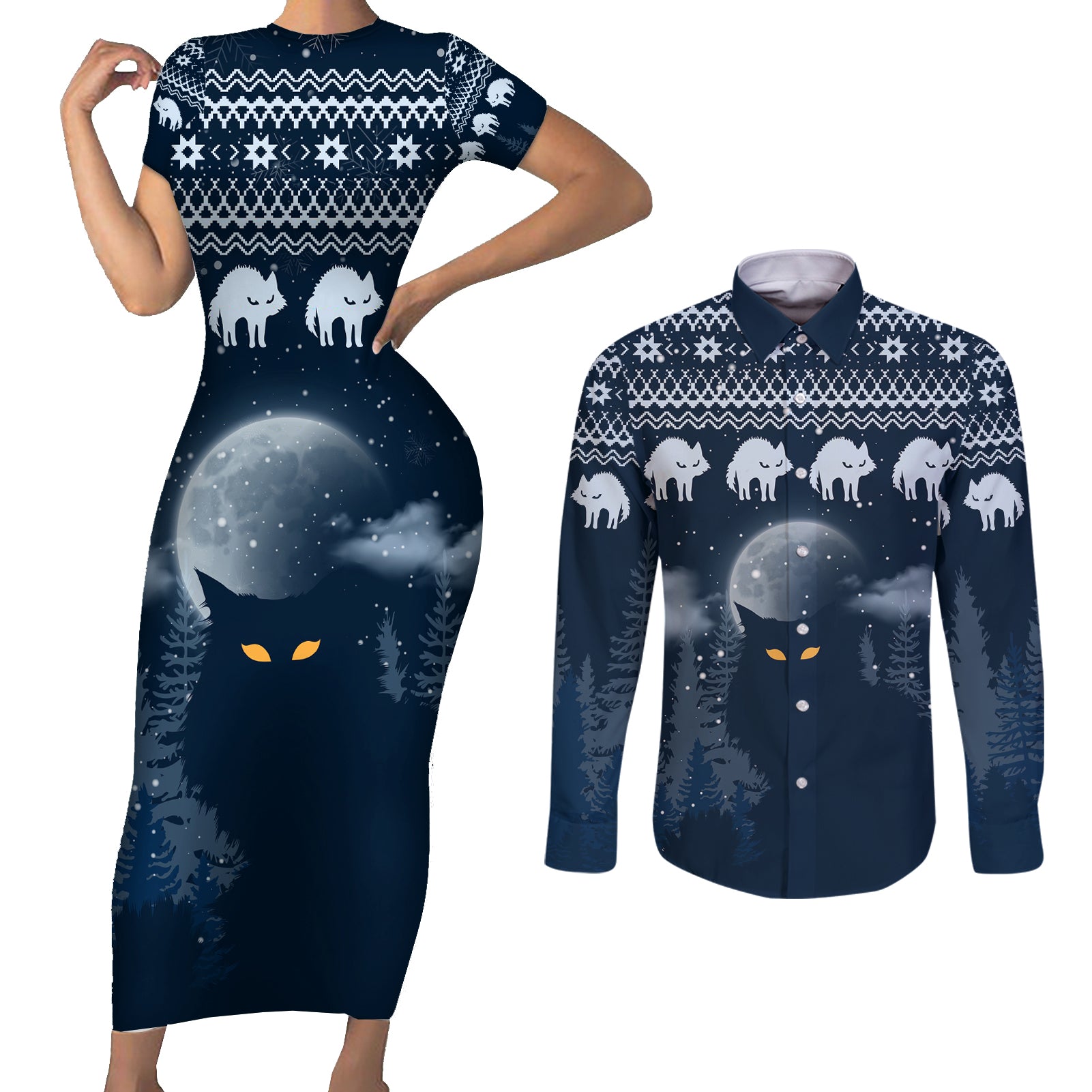Yule Cat Christmas Couples Matching Short Sleeve Bodycon Dress and Long Sleeve Button Shirt Jolakotturinn Snowy Night LT7 - Wonder Print Shop