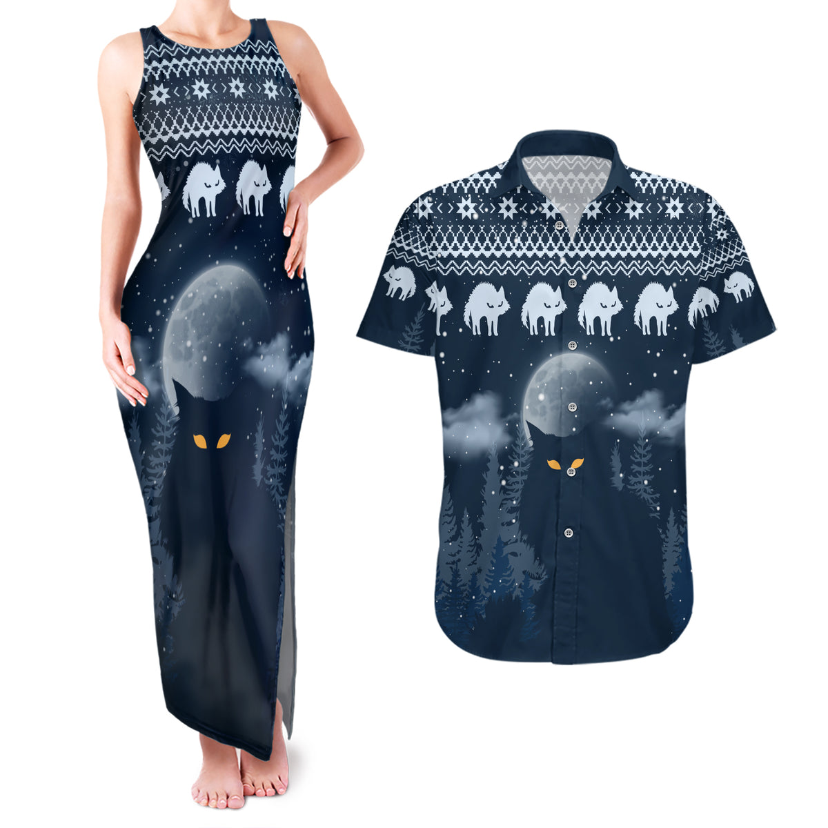 Yule Cat Christmas Couples Matching Tank Maxi Dress and Hawaiian Shirt Jolakotturinn Snowy Night LT7 - Wonder Print Shop
