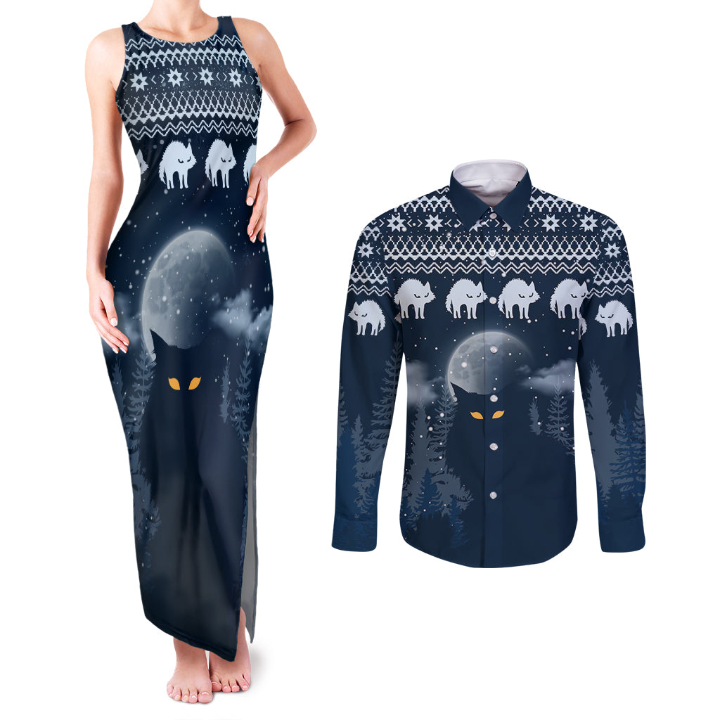 Yule Cat Christmas Couples Matching Tank Maxi Dress and Long Sleeve Button Shirt Jolakotturinn Snowy Night LT7 - Wonder Print Shop