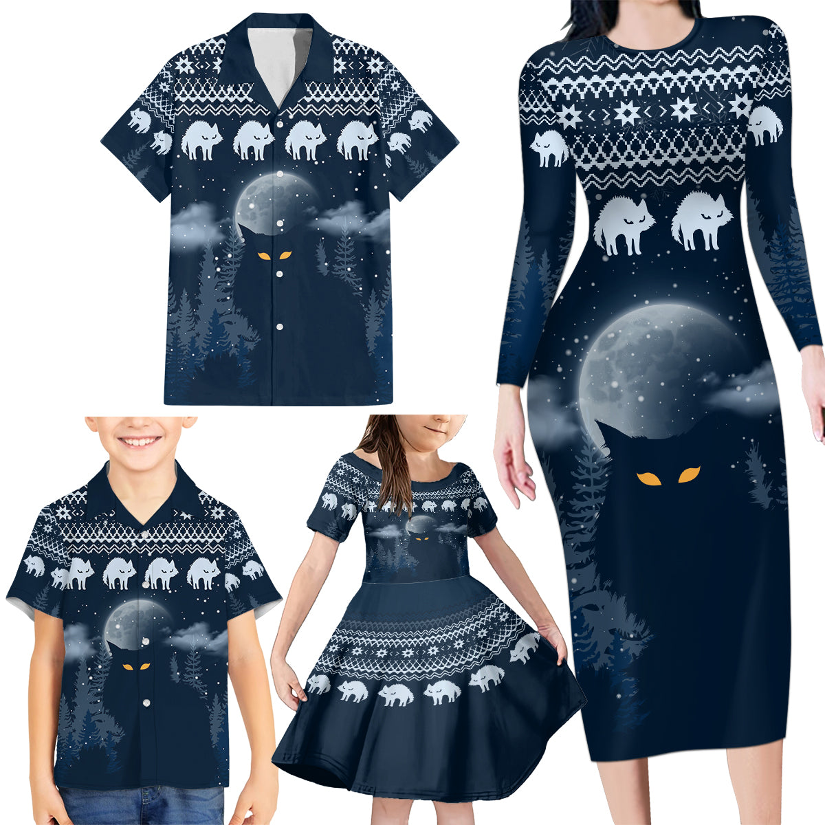 Yule Cat Christmas Family Matching Long Sleeve Bodycon Dress and Hawaiian Shirt Jolakotturinn Snowy Night LT7 - Wonder Print Shop
