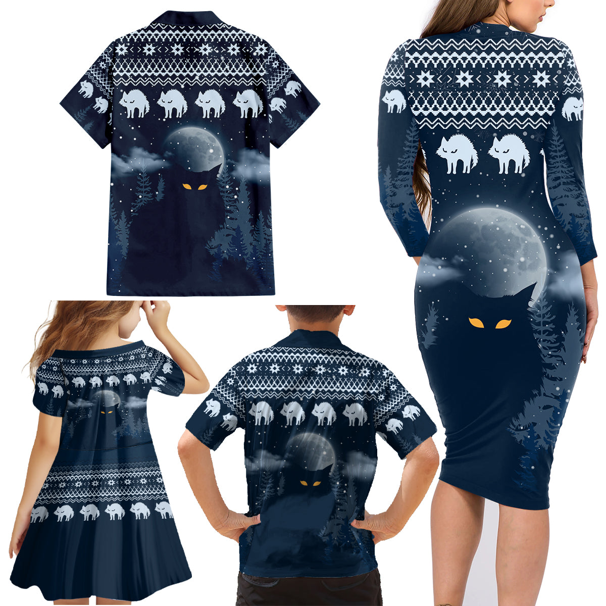 Yule Cat Christmas Family Matching Long Sleeve Bodycon Dress and Hawaiian Shirt Jolakotturinn Snowy Night LT7 - Wonder Print Shop