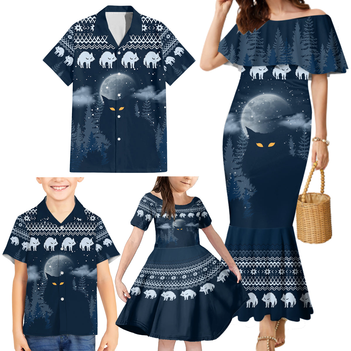 Yule Cat Christmas Family Matching Mermaid Dress and Hawaiian Shirt Jolakotturinn Snowy Night LT7 - Wonder Print Shop