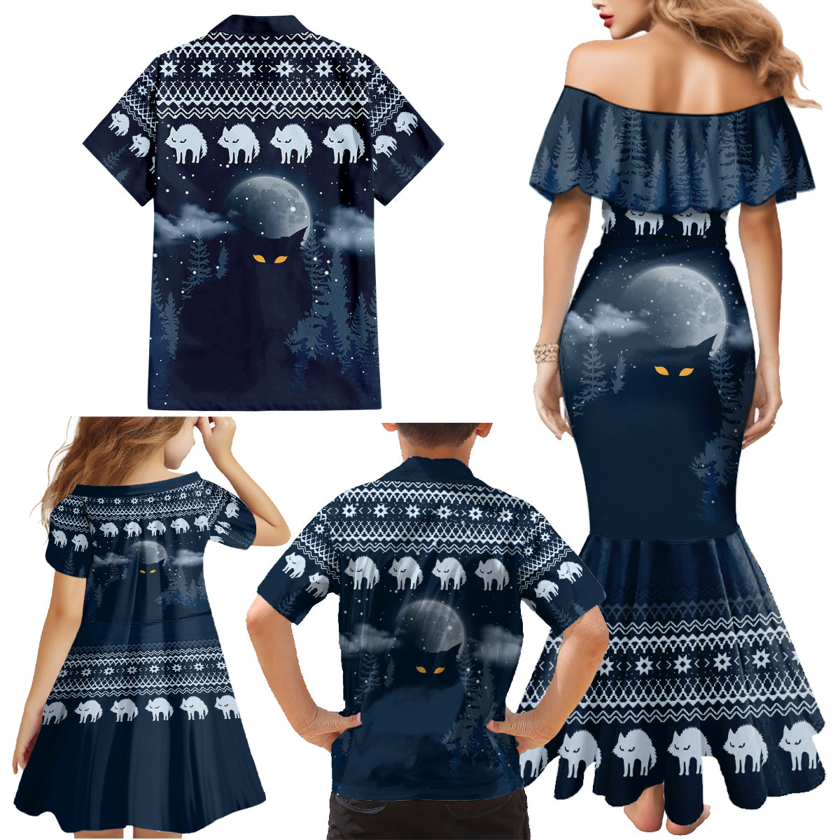 Yule Cat Christmas Family Matching Mermaid Dress and Hawaiian Shirt Jolakotturinn Snowy Night LT7 - Wonder Print Shop