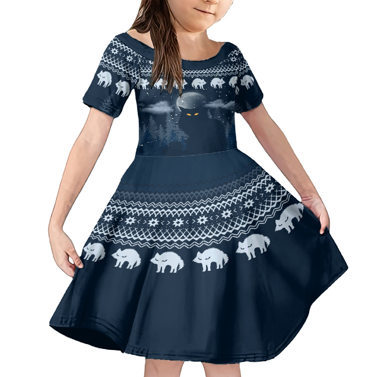 Yule Cat Christmas Family Matching Off Shoulder Long Sleeve Dress and Hawaiian Shirt Jolakotturinn Snowy Night - Wonder Print Shop