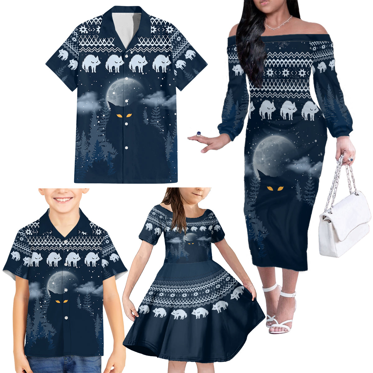 Yule Cat Christmas Family Matching Off Shoulder Long Sleeve Dress and Hawaiian Shirt Jolakotturinn Snowy Night - Wonder Print Shop