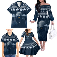 Yule Cat Christmas Family Matching Off Shoulder Long Sleeve Dress and Hawaiian Shirt Jolakotturinn Snowy Night - Wonder Print Shop