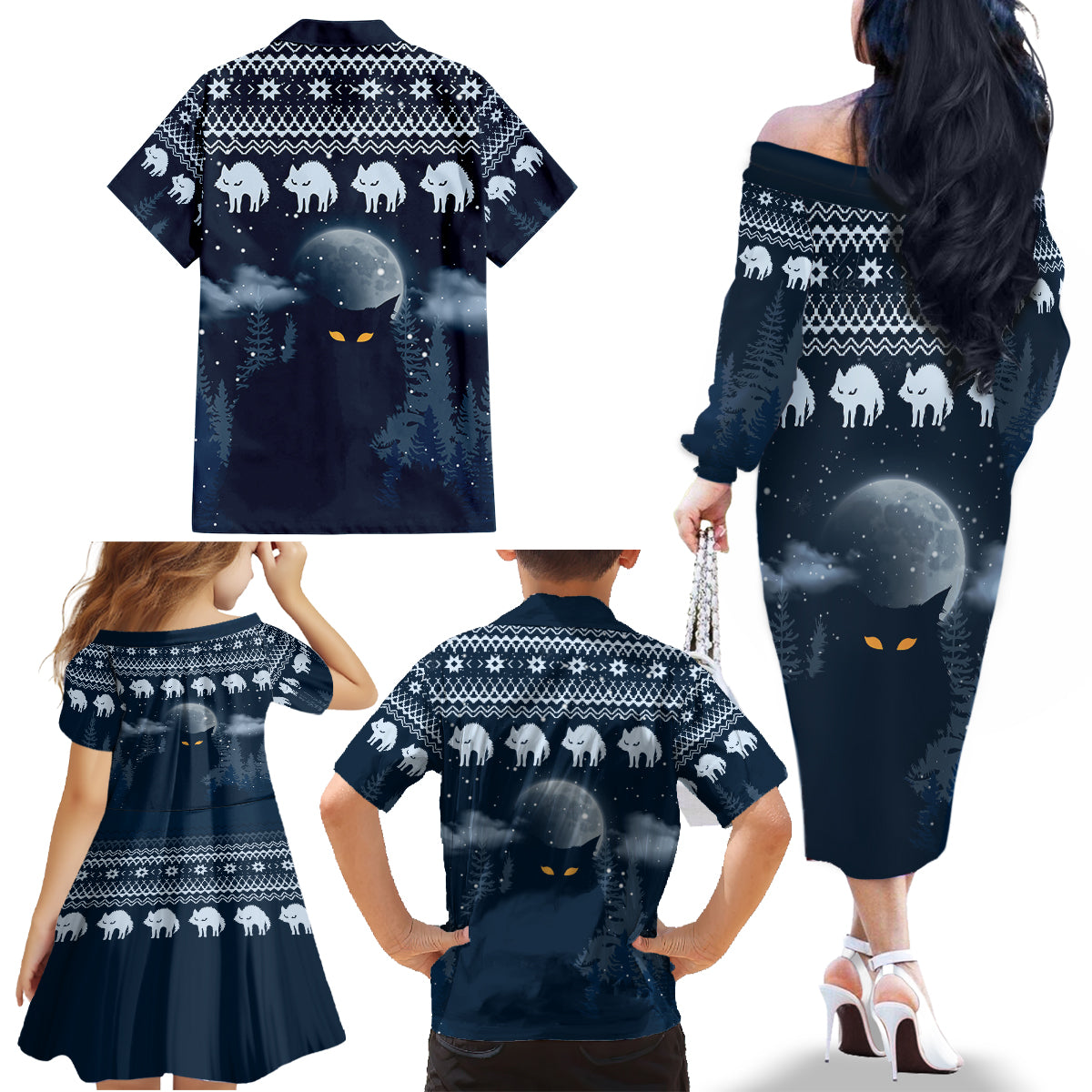 Yule Cat Christmas Family Matching Off Shoulder Long Sleeve Dress and Hawaiian Shirt Jolakotturinn Snowy Night - Wonder Print Shop