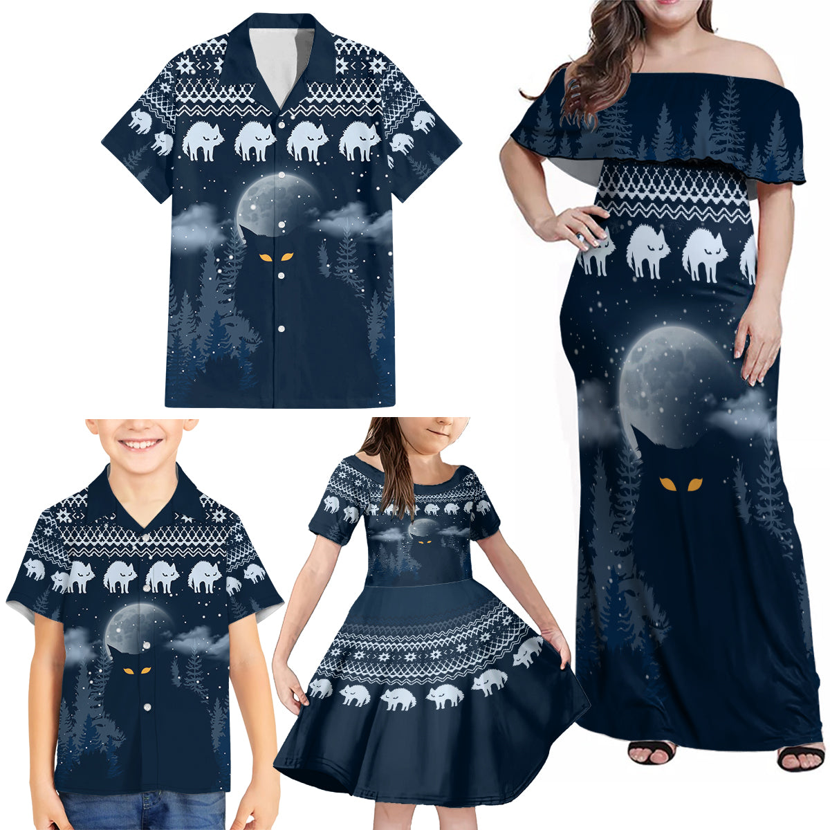 Yule Cat Christmas Family Matching Off Shoulder Maxi Dress and Hawaiian Shirt Jolakotturinn Snowy Night LT7 - Wonder Print Shop