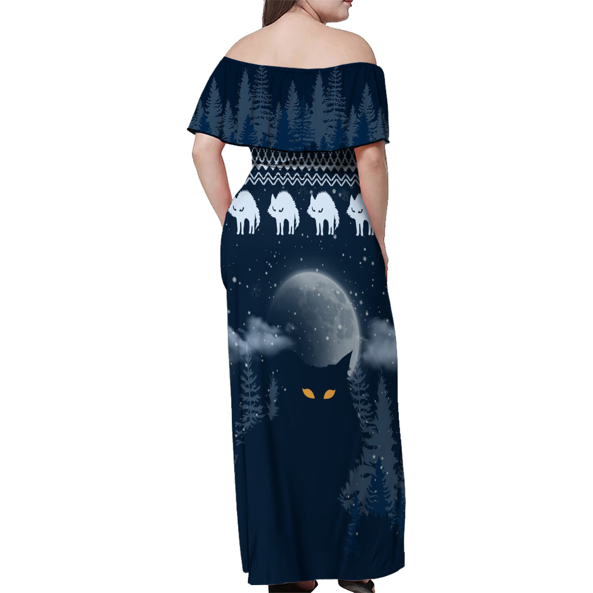 Yule Cat Christmas Family Matching Off Shoulder Maxi Dress and Hawaiian Shirt Jolakotturinn Snowy Night LT7 - Wonder Print Shop