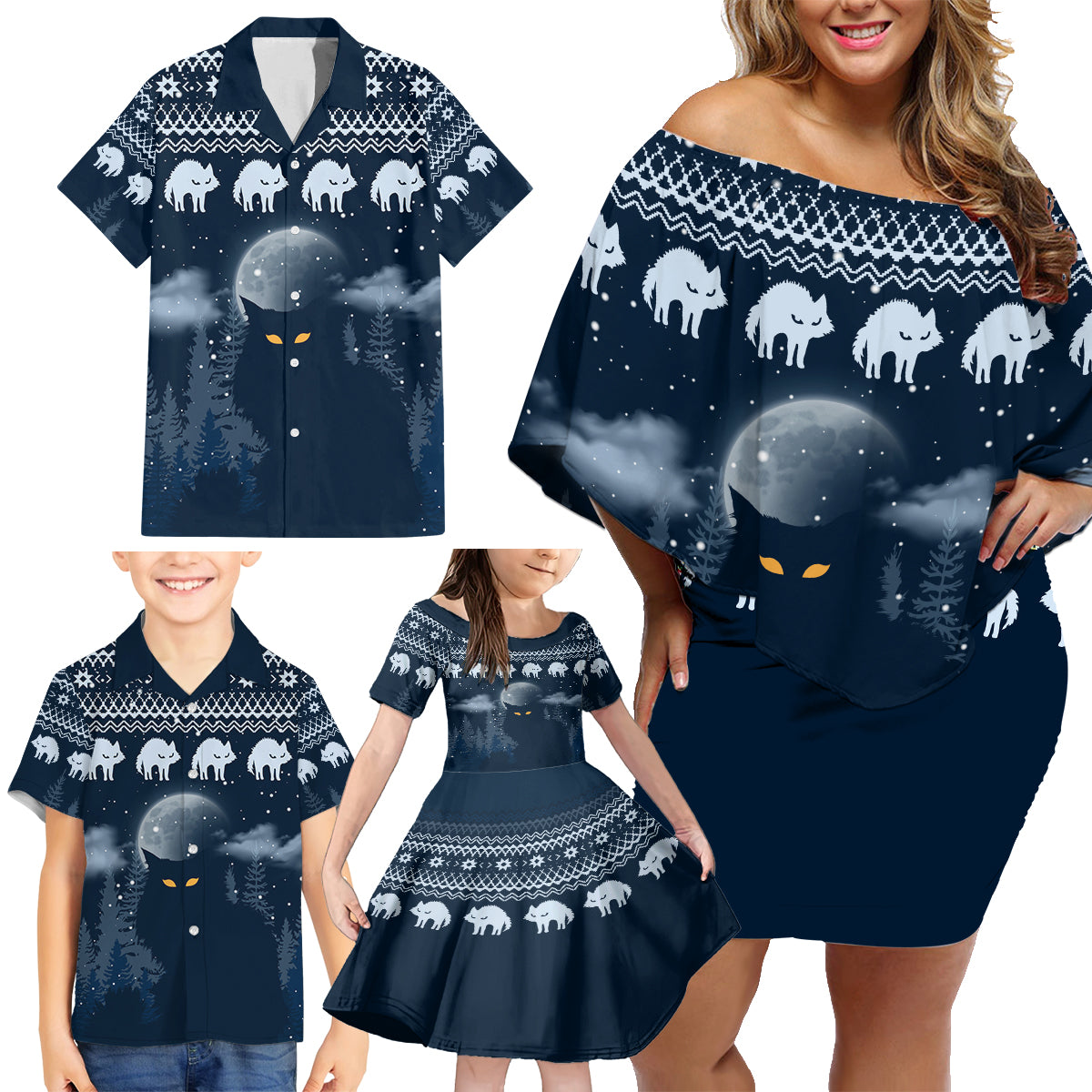 Yule Cat Christmas Family Matching Off Shoulder Short Dress and Hawaiian Shirt Jolakotturinn Snowy Night LT7 - Wonder Print Shop
