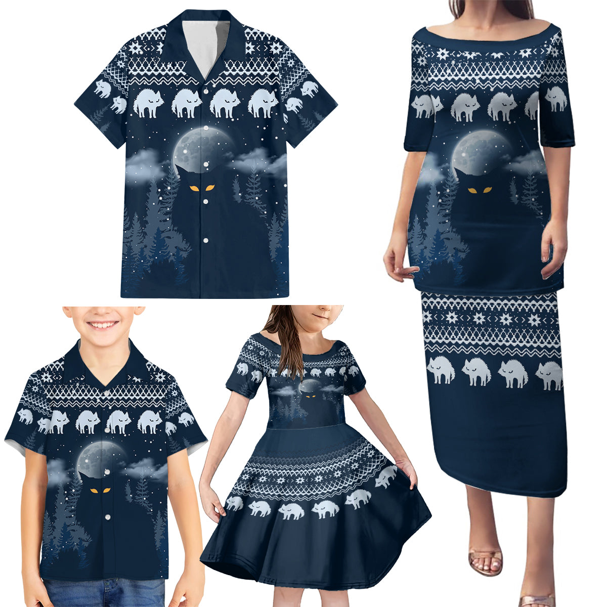 Yule Cat Christmas Family Matching Puletasi Dress and Hawaiian Shirt Jolakotturinn Snowy Night - Wonder Print Shop