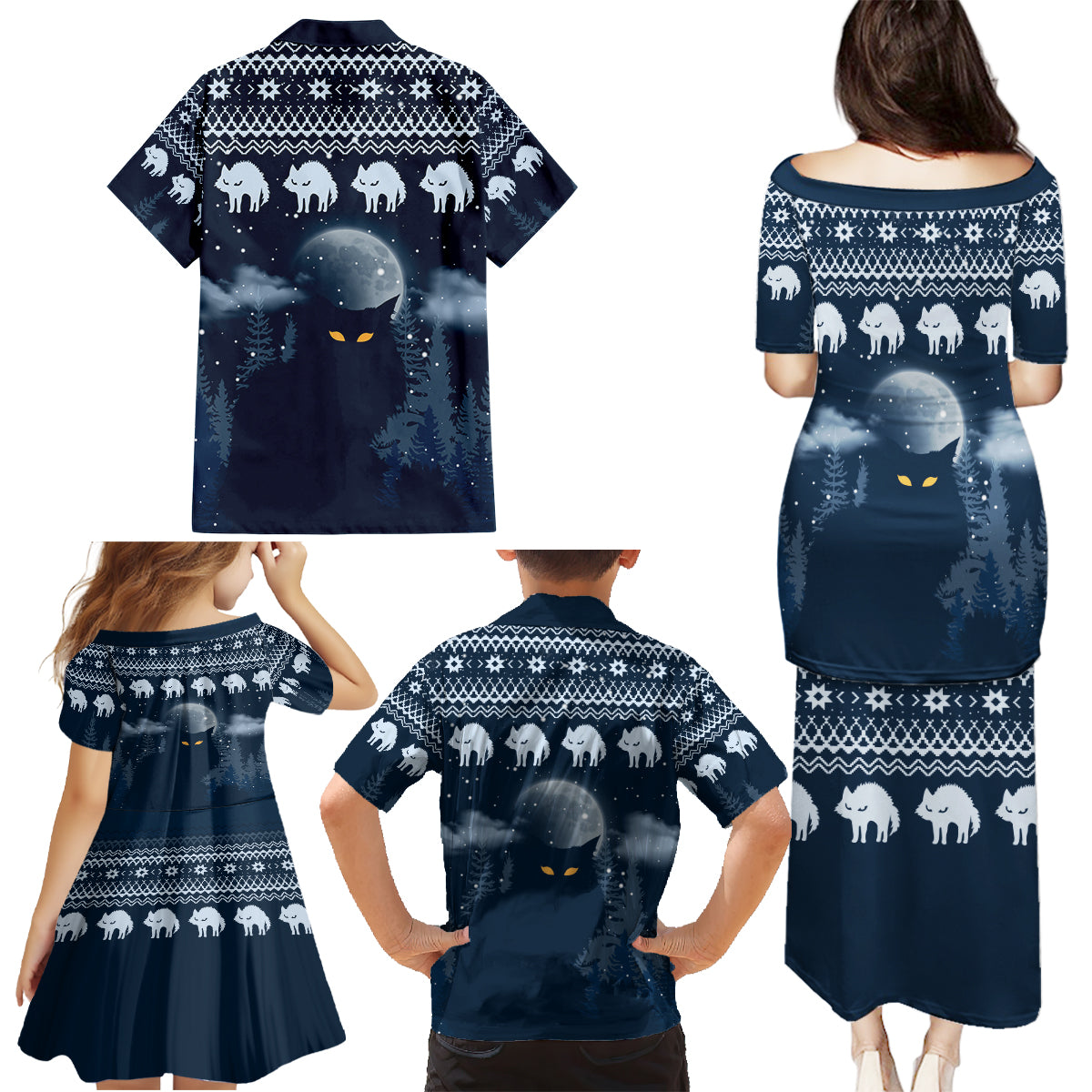 Yule Cat Christmas Family Matching Puletasi Dress and Hawaiian Shirt Jolakotturinn Snowy Night - Wonder Print Shop