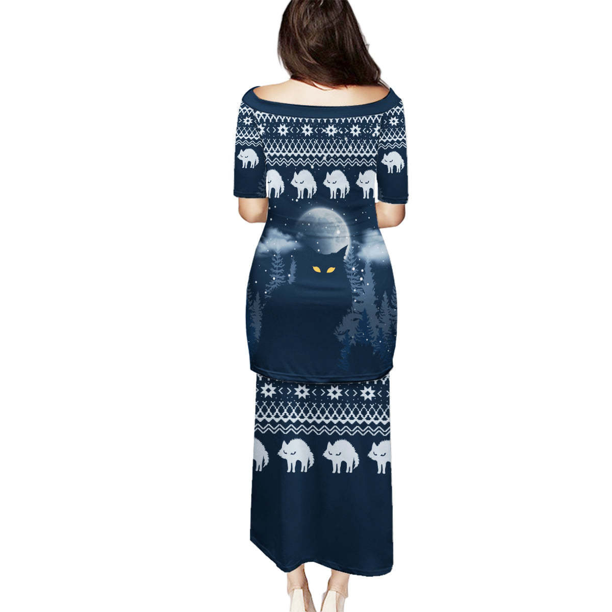 Yule Cat Christmas Family Matching Puletasi Dress and Hawaiian Shirt Jolakotturinn Snowy Night - Wonder Print Shop