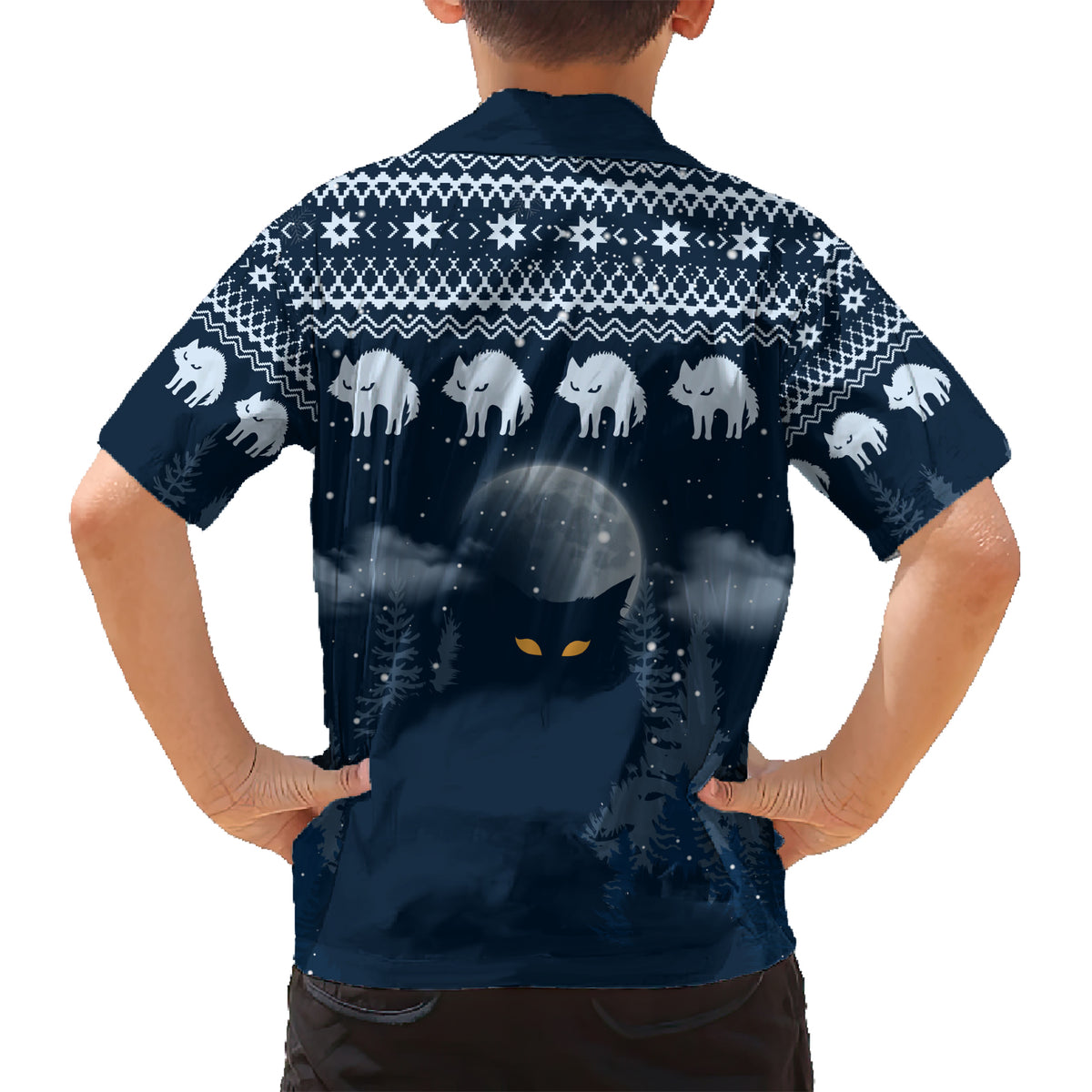 Yule Cat Christmas Family Matching Short Sleeve Bodycon Dress and Hawaiian Shirt Jolakotturinn Snowy Night - Wonder Print Shop