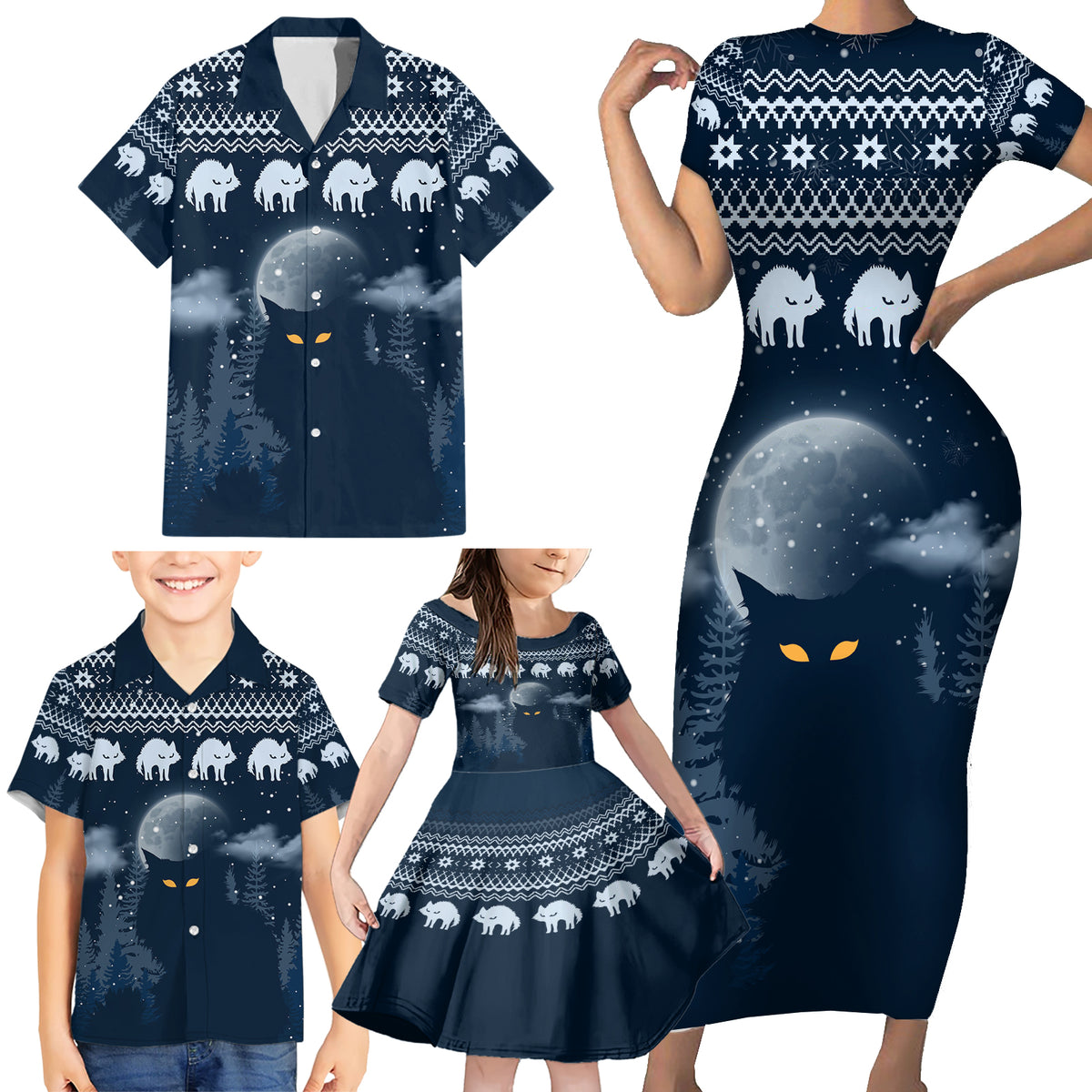 Yule Cat Christmas Family Matching Short Sleeve Bodycon Dress and Hawaiian Shirt Jolakotturinn Snowy Night - Wonder Print Shop