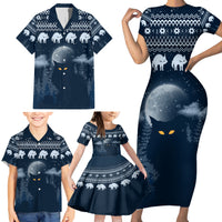 Yule Cat Christmas Family Matching Short Sleeve Bodycon Dress and Hawaiian Shirt Jolakotturinn Snowy Night - Wonder Print Shop