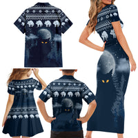 Yule Cat Christmas Family Matching Short Sleeve Bodycon Dress and Hawaiian Shirt Jolakotturinn Snowy Night - Wonder Print Shop