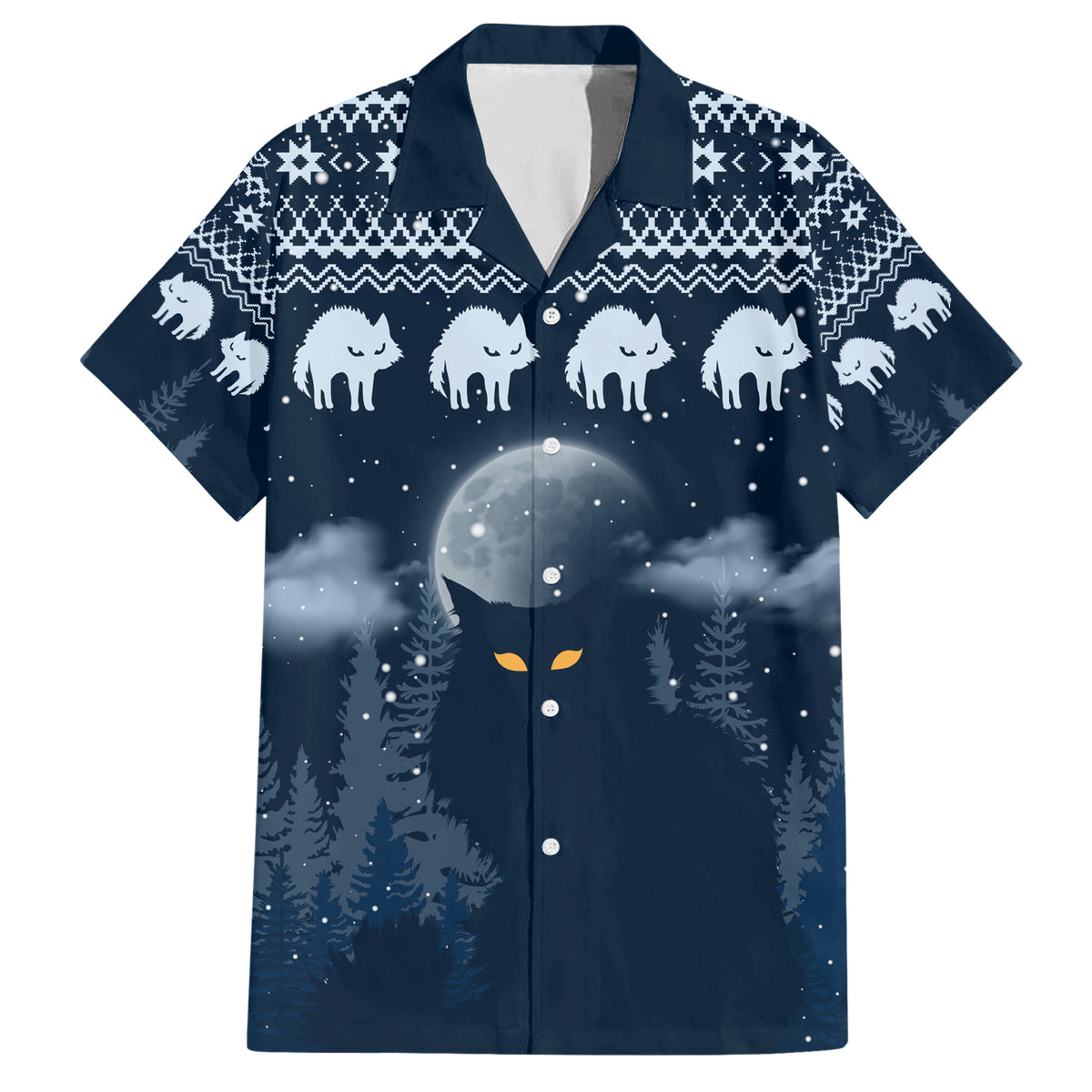 Yule Cat Christmas Family Matching Short Sleeve Bodycon Dress and Hawaiian Shirt Jolakotturinn Snowy Night - Wonder Print Shop
