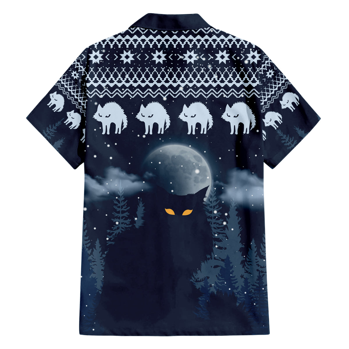 Yule Cat Christmas Family Matching Short Sleeve Bodycon Dress and Hawaiian Shirt Jolakotturinn Snowy Night - Wonder Print Shop