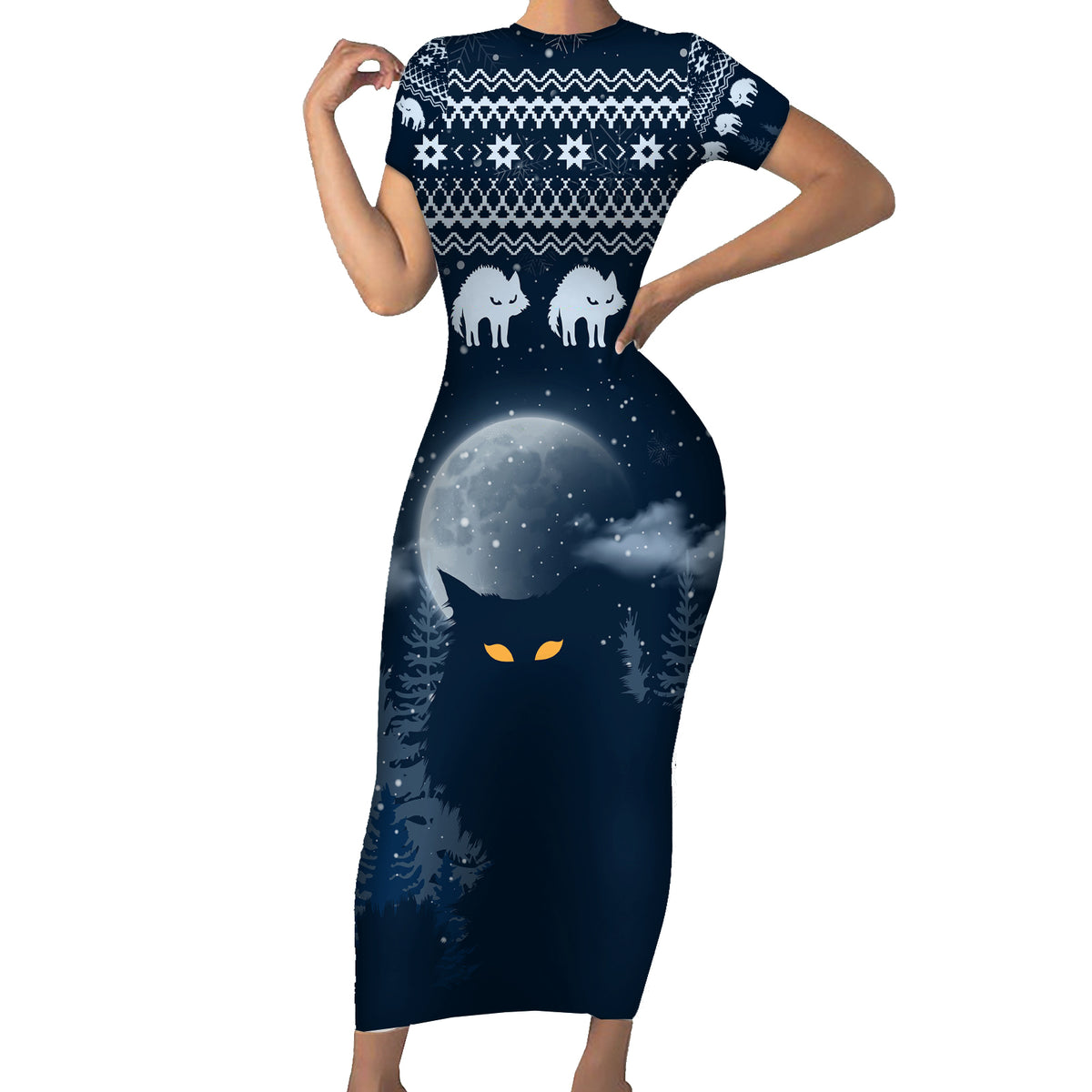 Yule Cat Christmas Family Matching Short Sleeve Bodycon Dress and Hawaiian Shirt Jolakotturinn Snowy Night - Wonder Print Shop
