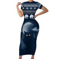 Yule Cat Christmas Family Matching Short Sleeve Bodycon Dress and Hawaiian Shirt Jolakotturinn Snowy Night - Wonder Print Shop