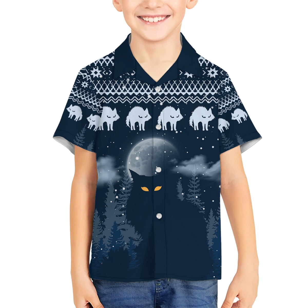 Yule Cat Christmas Family Matching Short Sleeve Bodycon Dress and Hawaiian Shirt Jolakotturinn Snowy Night - Wonder Print Shop