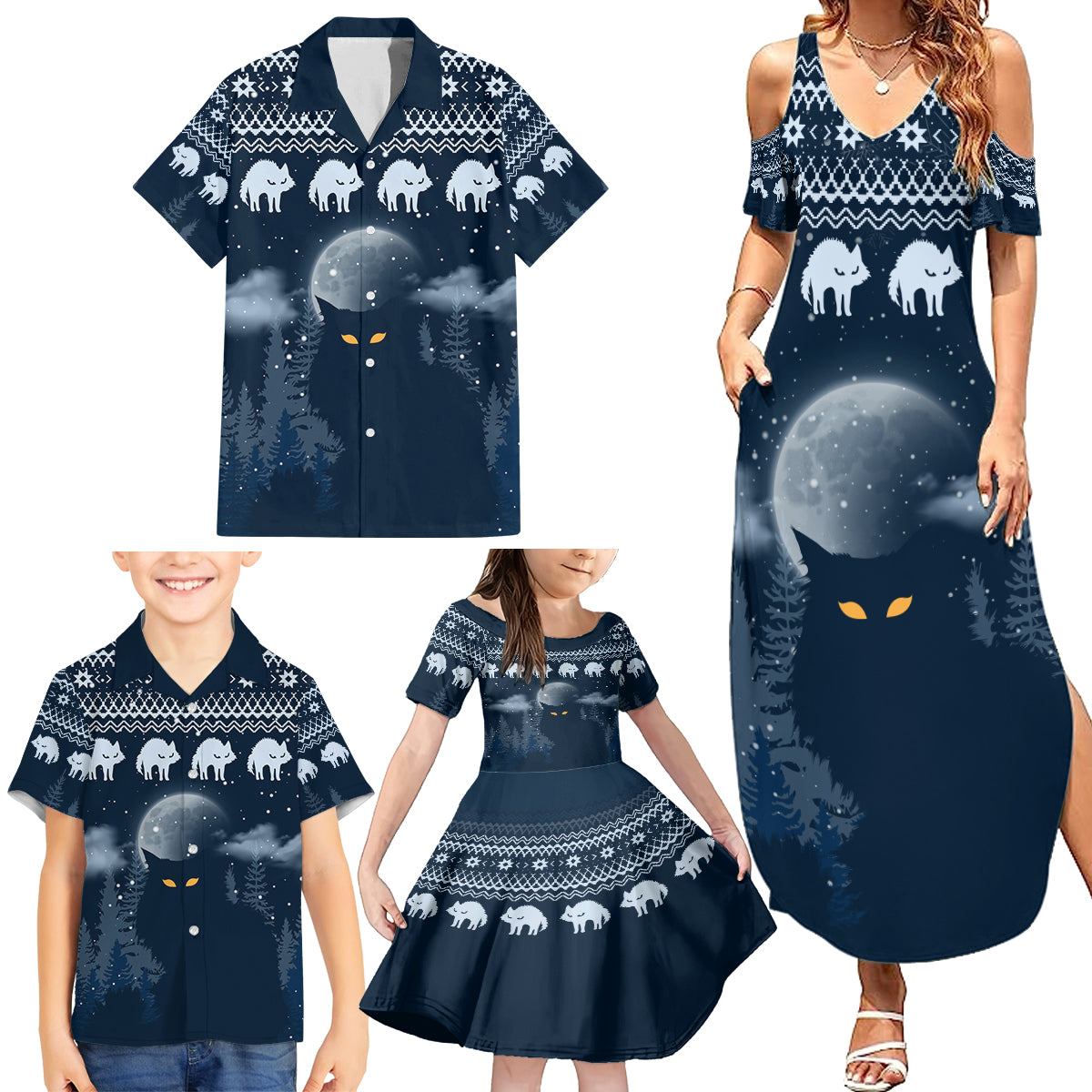 Yule Cat Christmas Family Matching Summer Maxi Dress and Hawaiian Shirt Jolakotturinn Snowy Night - Wonder Print Shop
