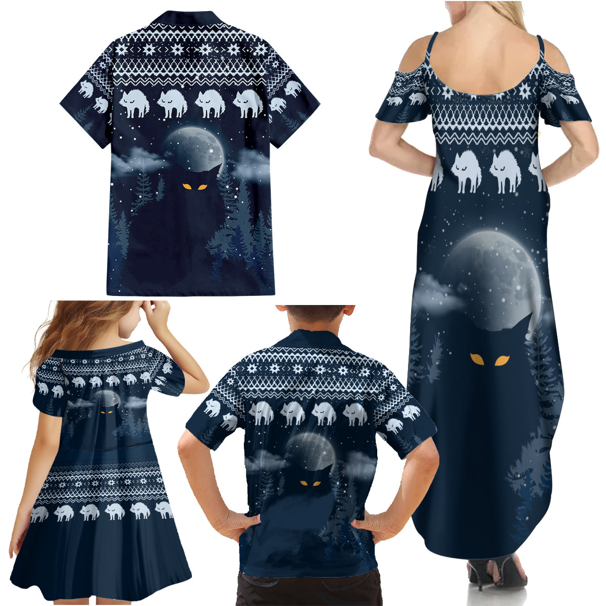 Yule Cat Christmas Family Matching Summer Maxi Dress and Hawaiian Shirt Jolakotturinn Snowy Night - Wonder Print Shop