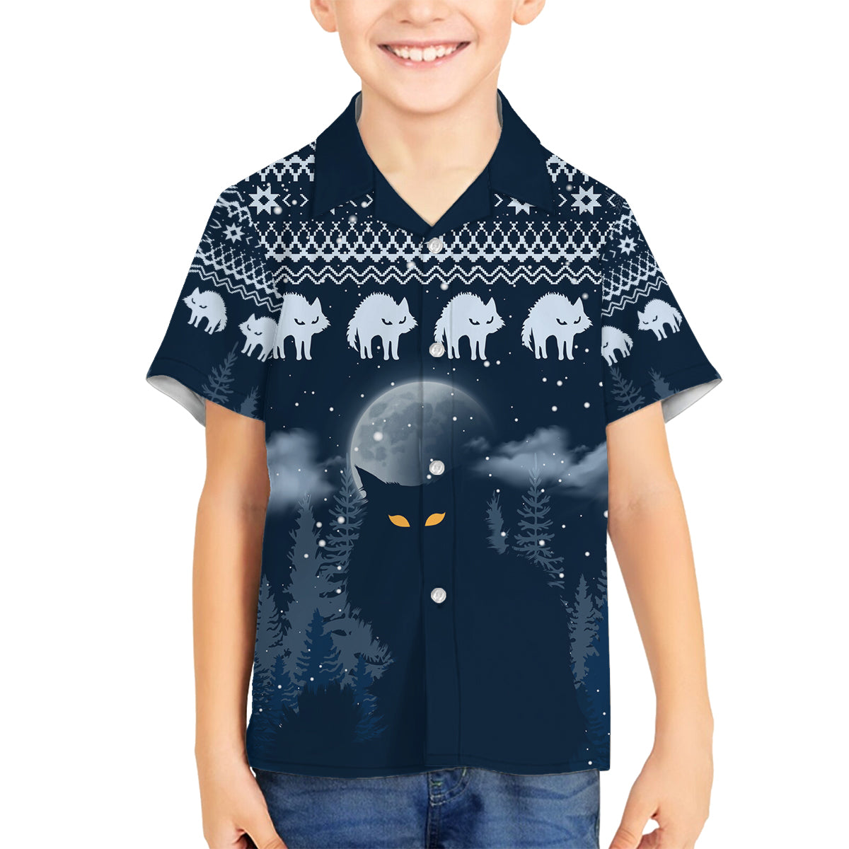Yule Cat Christmas Family Matching Summer Maxi Dress and Hawaiian Shirt Jolakotturinn Snowy Night - Wonder Print Shop