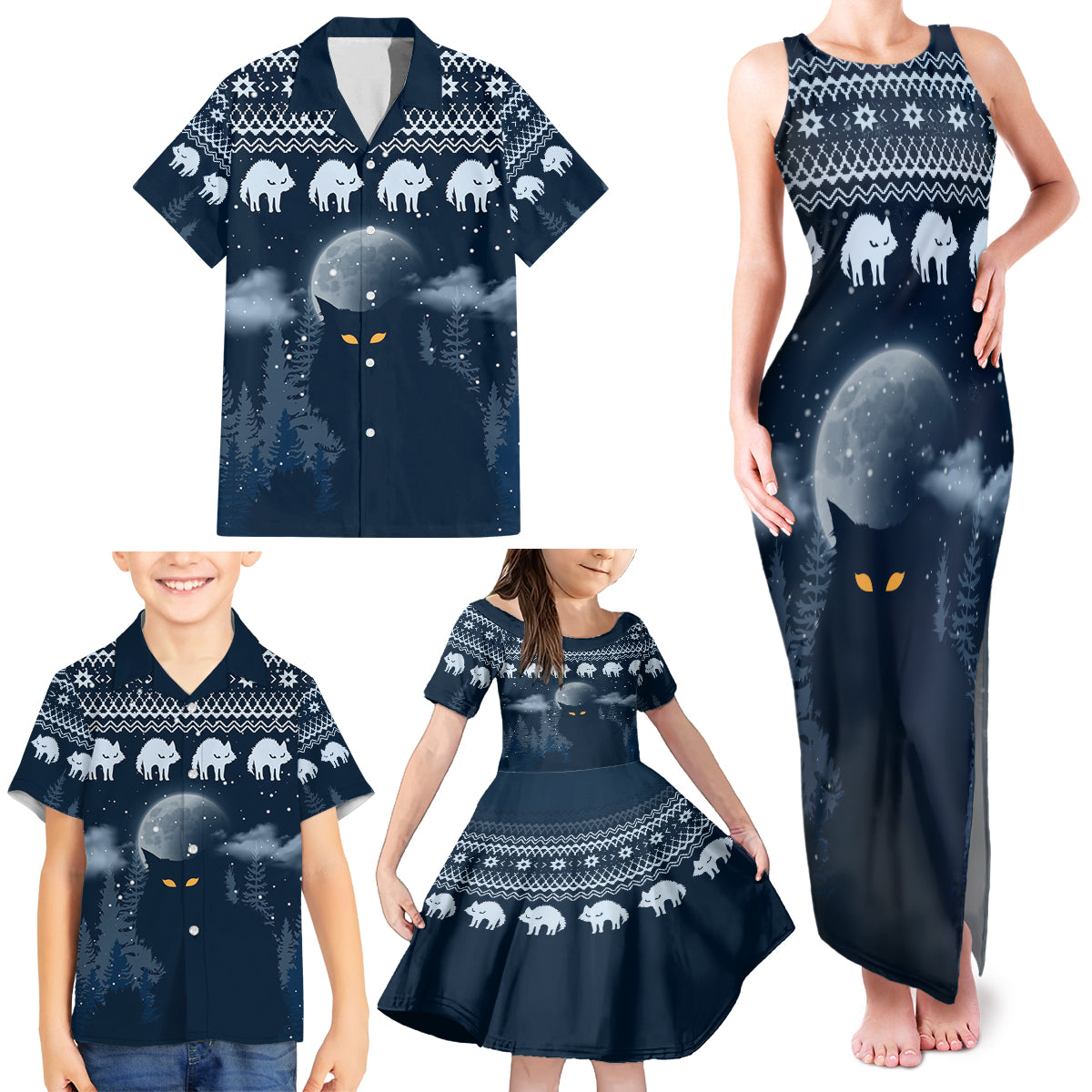 Yule Cat Christmas Family Matching Tank Maxi Dress and Hawaiian Shirt Jolakotturinn Snowy Night - Wonder Print Shop