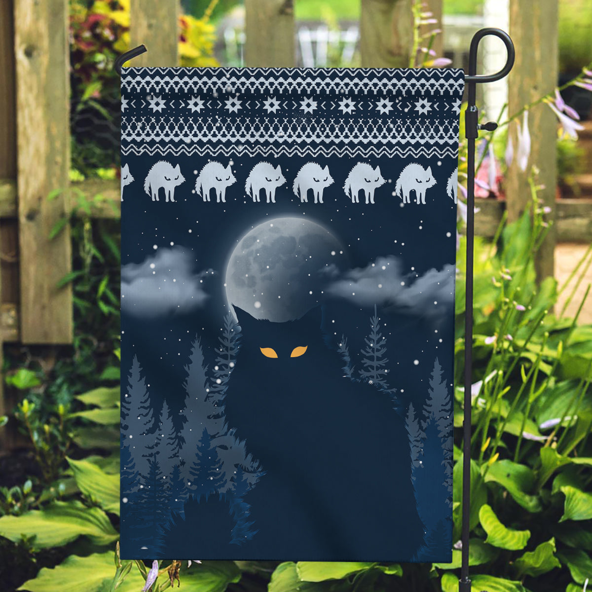 Yule Cat Christmas Garden Flag Jolakotturinn Snowy Night - Wonder Print Shop