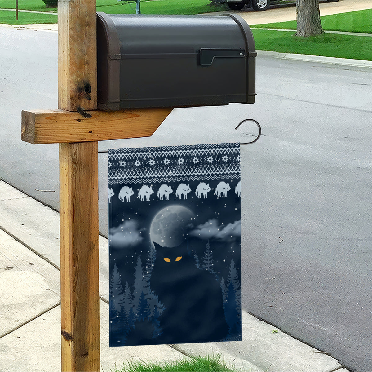 Yule Cat Christmas Garden Flag Jolakotturinn Snowy Night - Wonder Print Shop