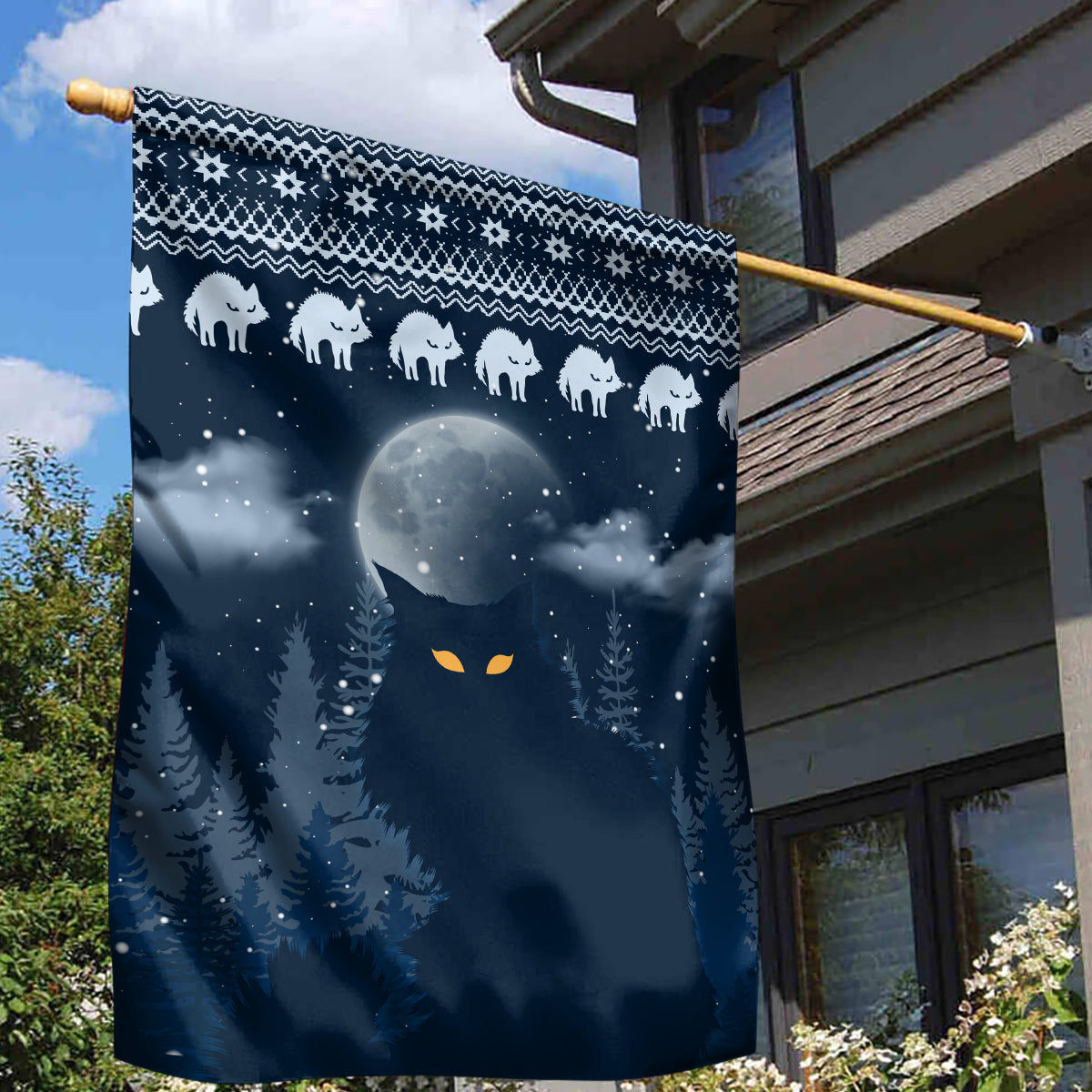 Yule Cat Christmas Garden Flag Jolakotturinn Snowy Night - Wonder Print Shop