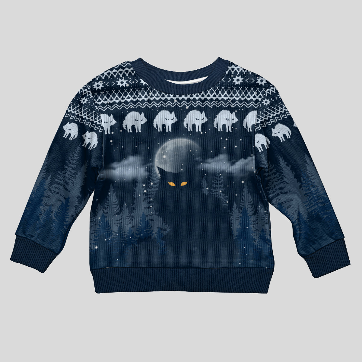 Yule Cat Christmas Kid Ugly Christmas Sweater Jolakotturinn Snowy Night - Wonder Print Shop