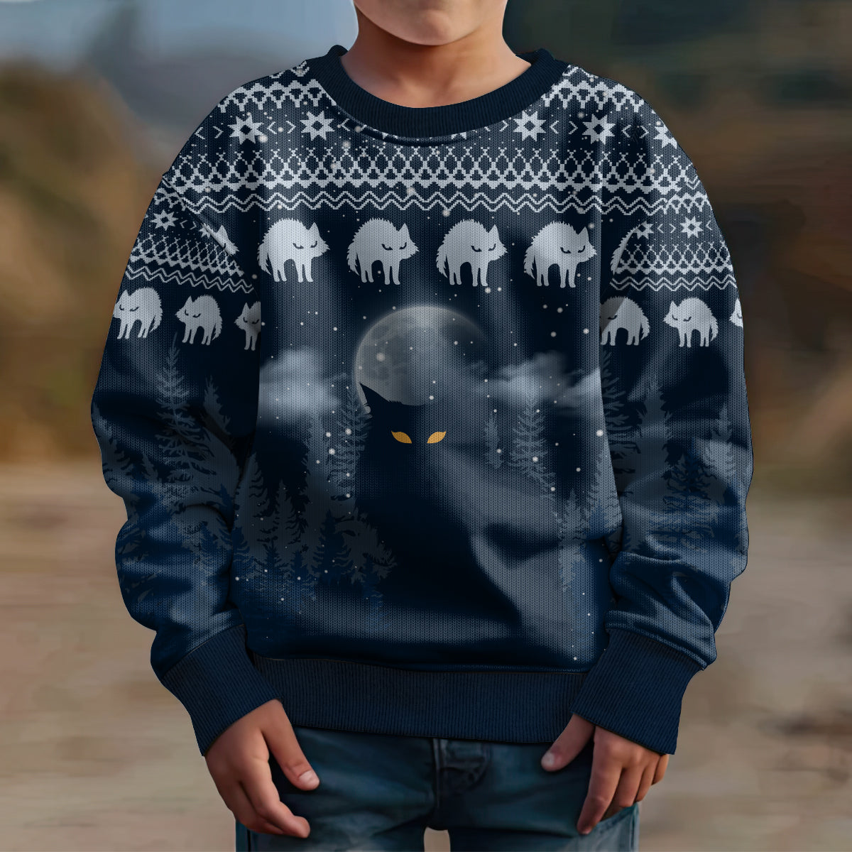 Yule Cat Christmas Kid Ugly Christmas Sweater Jolakotturinn Snowy Night - Wonder Print Shop