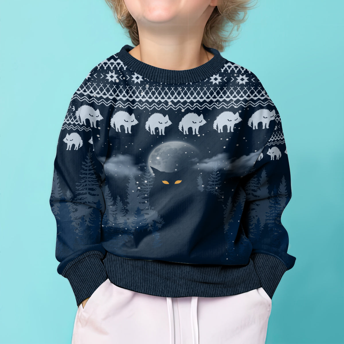 Yule Cat Christmas Kid Ugly Christmas Sweater Jolakotturinn Snowy Night - Wonder Print Shop