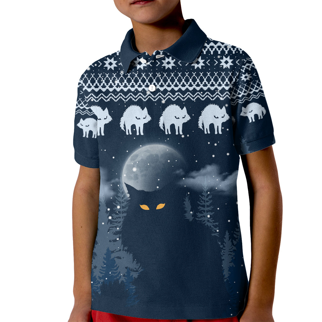 Yule Cat Christmas Kid Polo Shirt Jolakotturinn Snowy Night - Wonder Print Shop